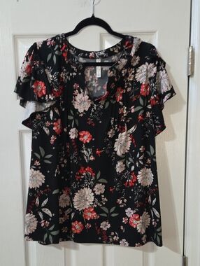 Perseption Black Floral Flutter Sleeve Blouse with Red & Cream Flowers